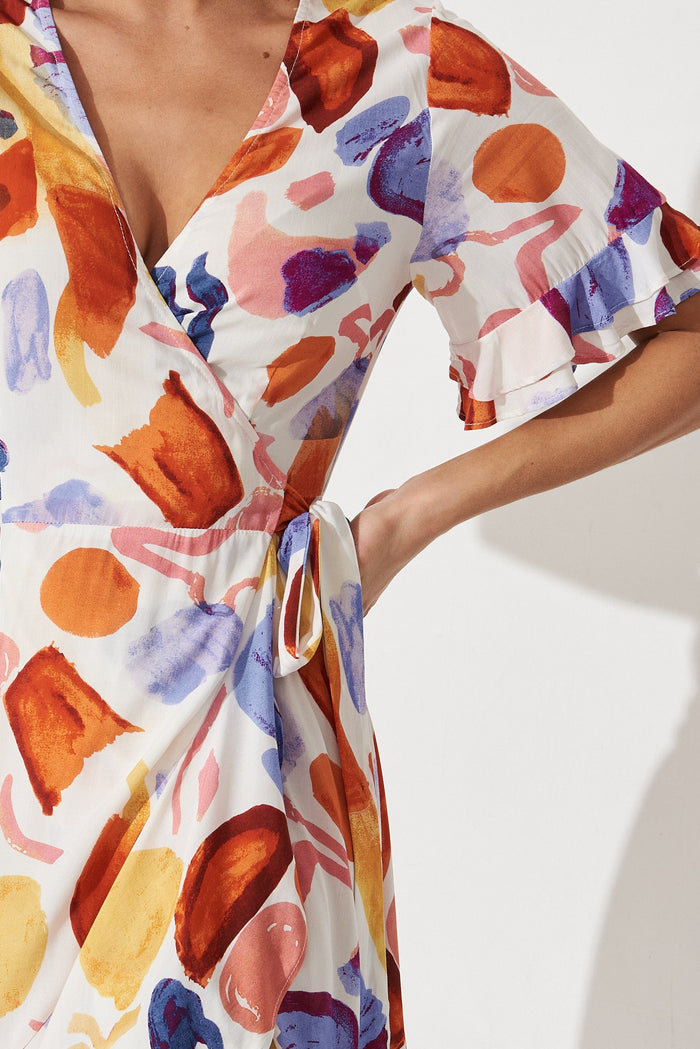 Felecia Midi Wrap Dress In White With Multi Abstract - detail