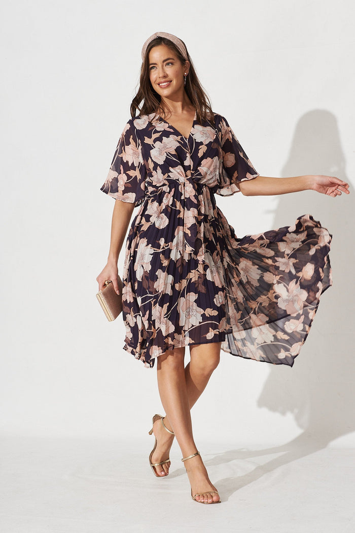 Blakely Dress in Navy Blush Floral Chiffon - Full Length