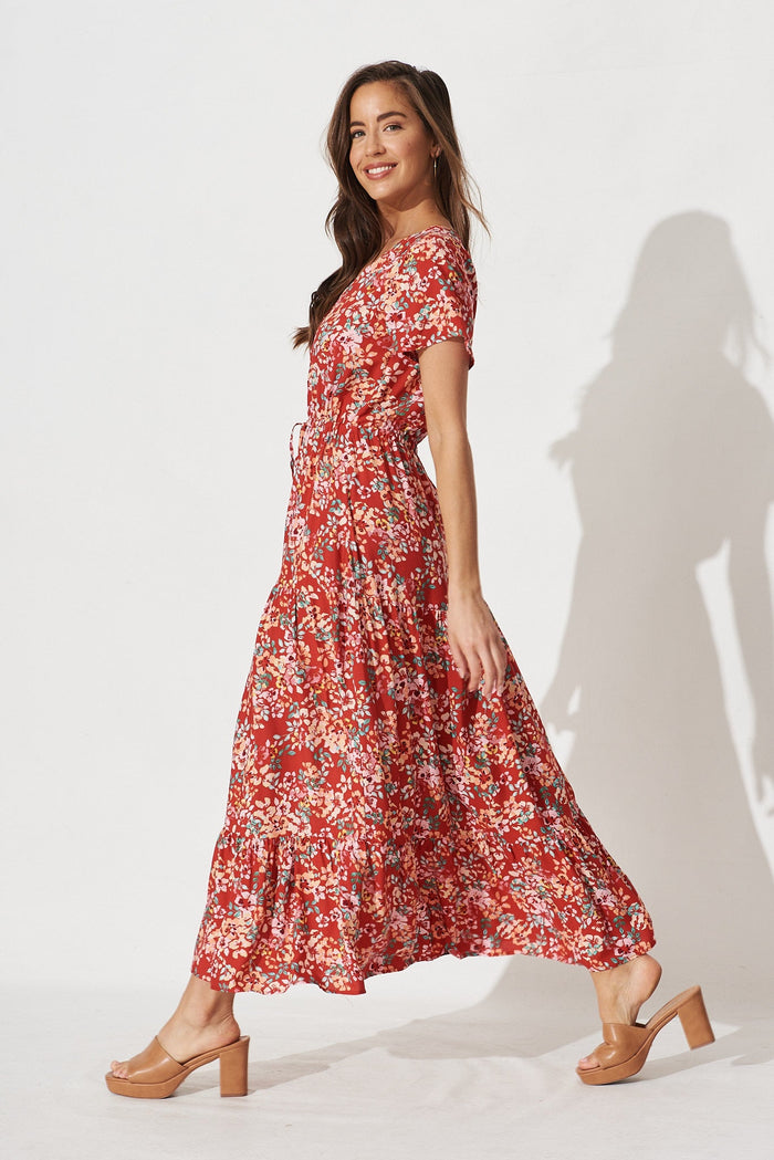 Elxi Maxi Dress in Red with Beige Floral - side