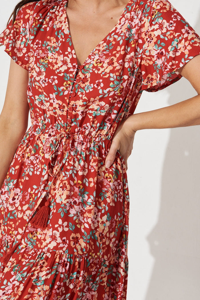 Elxi Maxi Dress in Red with Beige Floral - detail