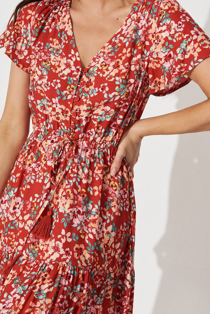 Elxi Maxi Dress in Red with Beige Floral - detail