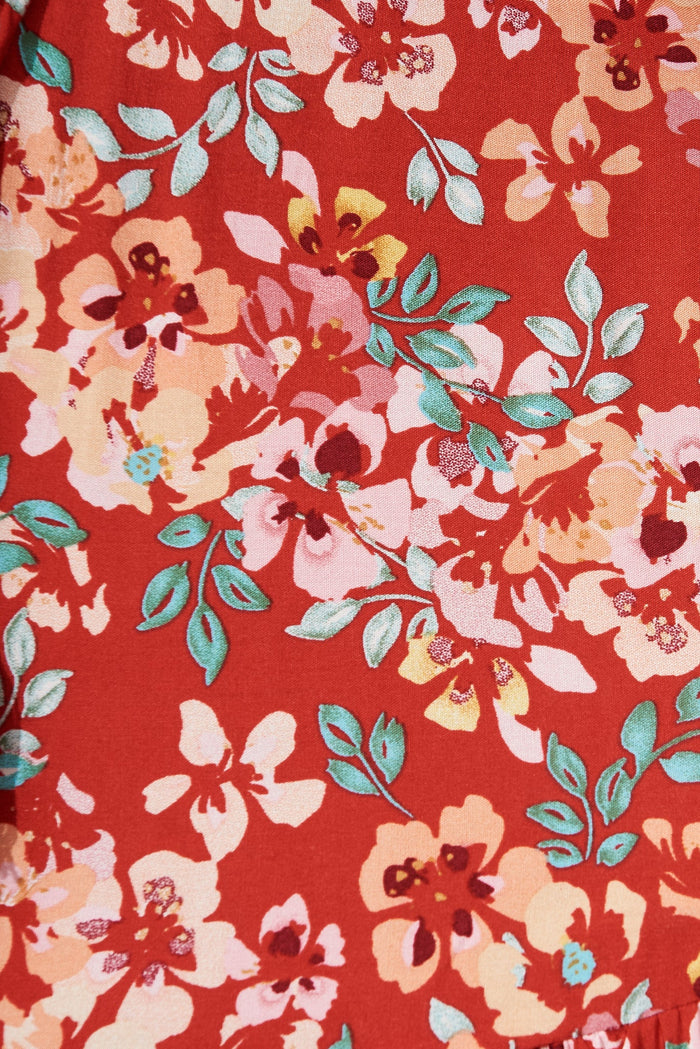 Elxi Maxi Dress in Red with Beige Floral - fabric