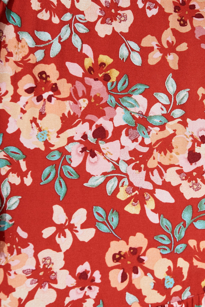 Elxi Maxi Dress in Red with Beige Floral - fabric