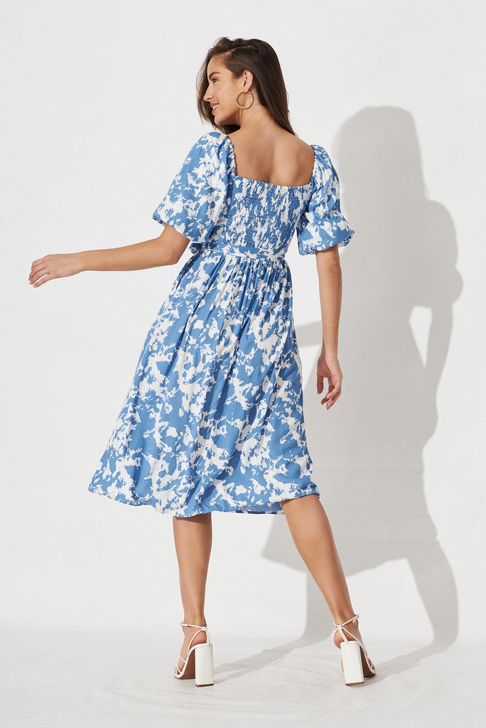 Darly Midi Dress In Blue With White Print - back
