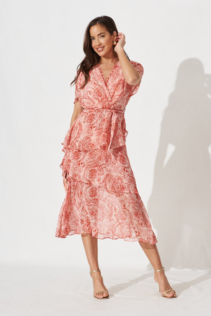 Brenda Midi Dress In Pink With Red Paisley Chiffon - full length