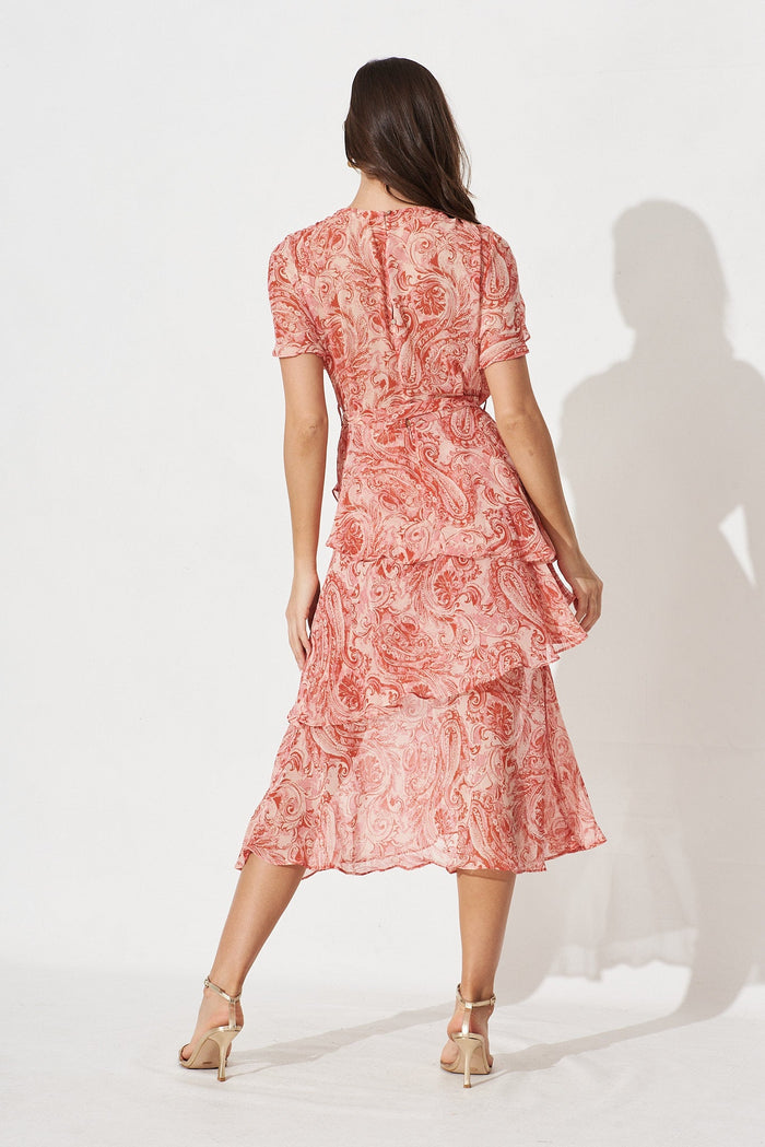 Brenda Midi Dress In Pink With Red Paisley Chiffon - back