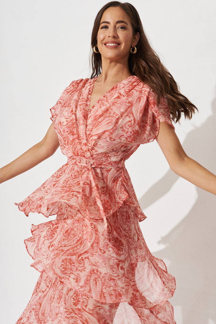 Brenda Midi Dress In Pink With Red Paisley Chiffon - detail