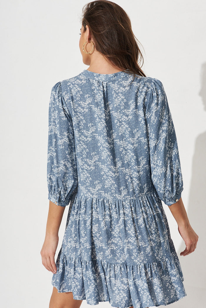 Alvie Smock Dress In Blue With White Print - back
