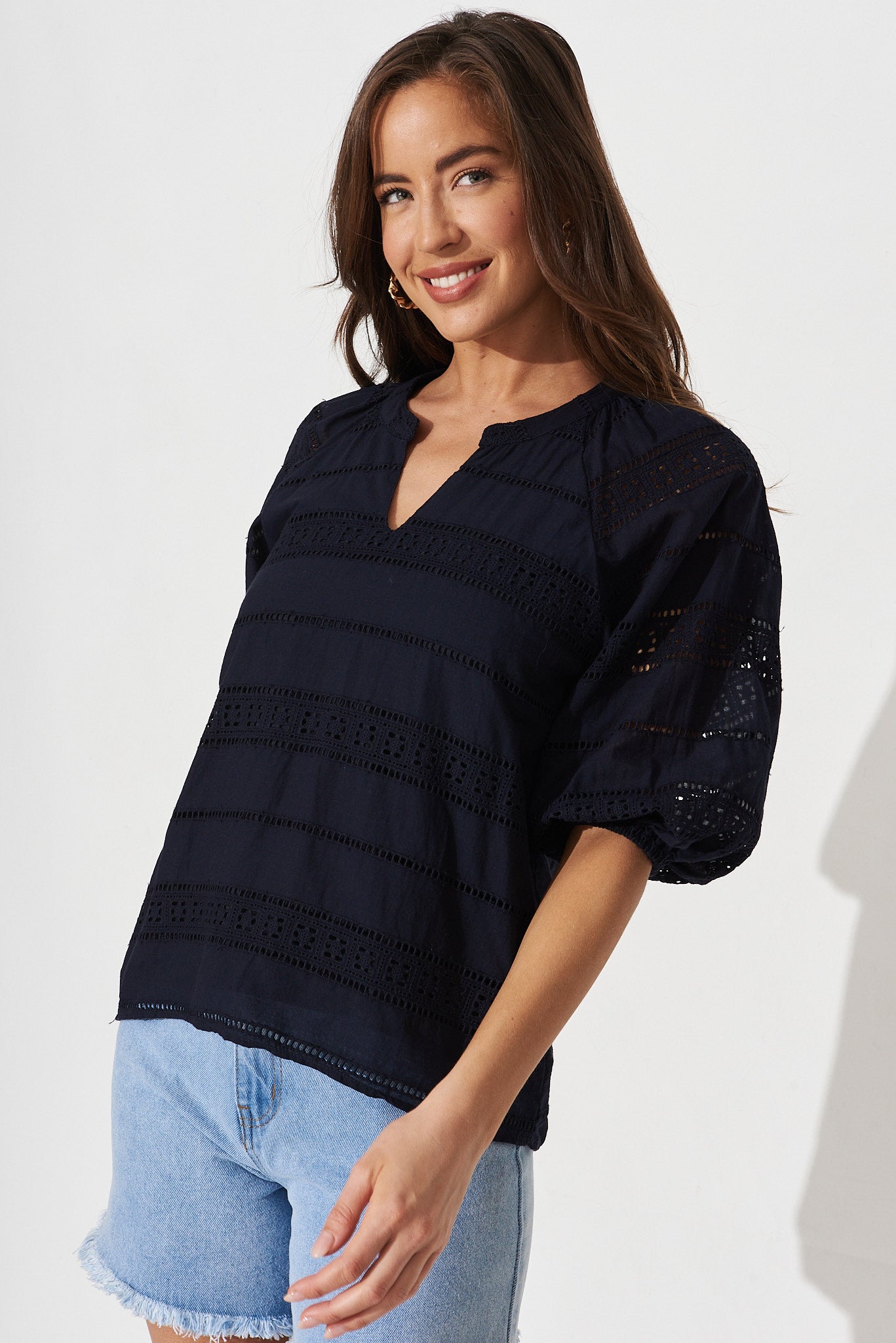 Winda Top in Navy Broderie - front