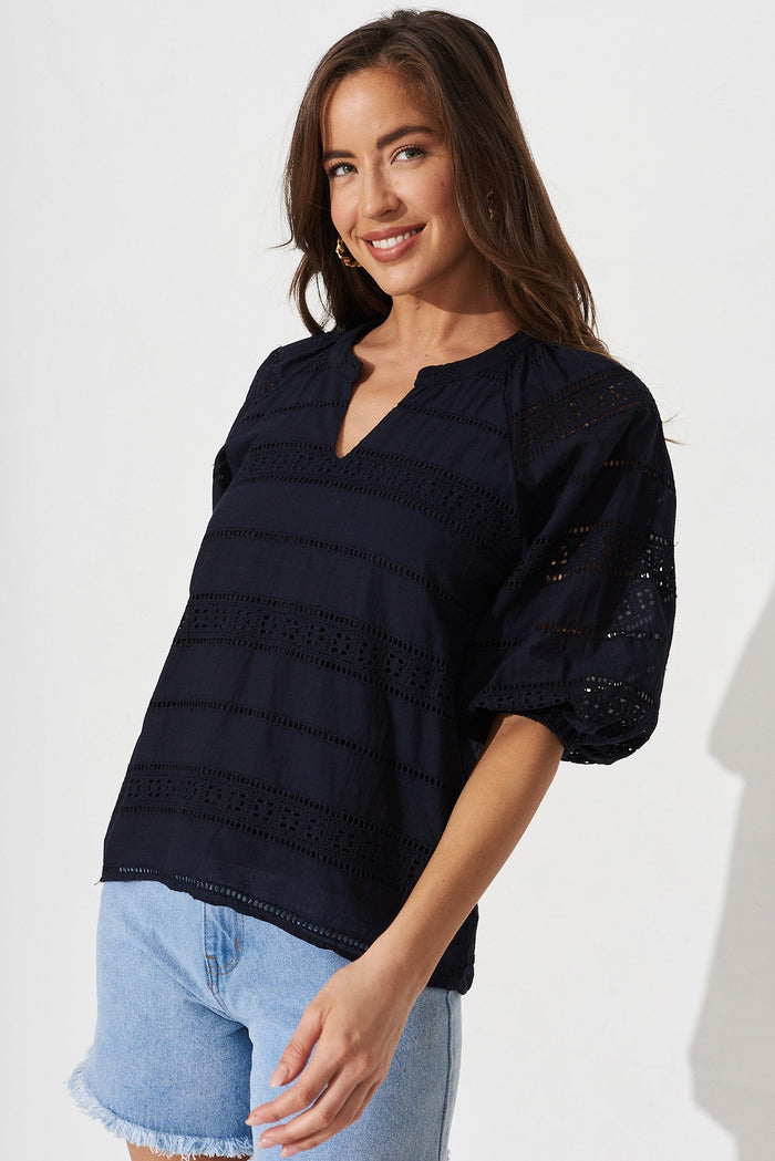 Winda Top in Navy Broderie - front
