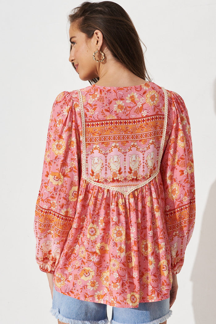 Melody Smock Top In Pink With Multi Boho Floral - back