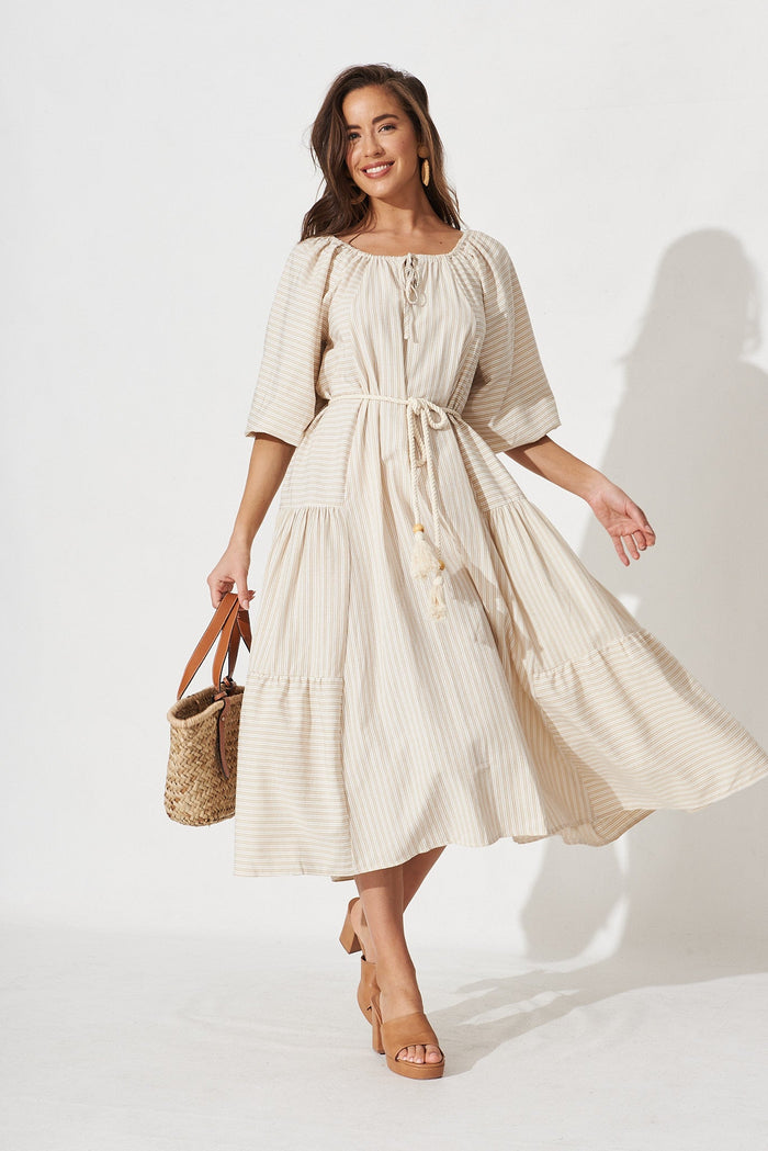 Jordane Midi Dress In Oatmeal With White Stripe - full length