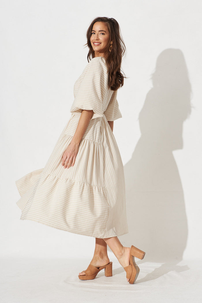 Jordane Midi Dress In Oatmeal With White Stripe - side