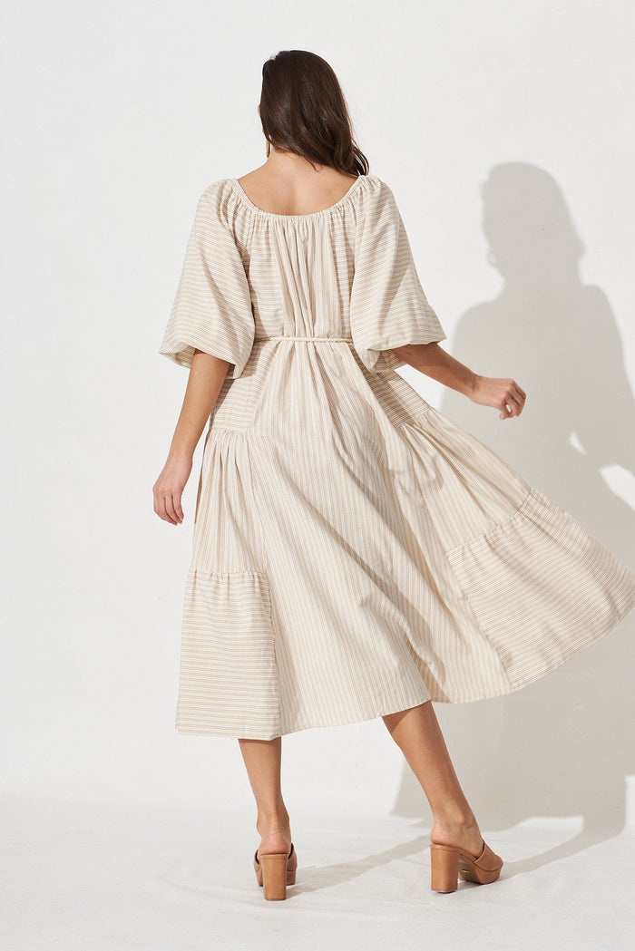 Jordane Midi Dress In Oatmeal With White Stripe - back