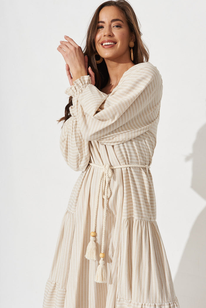 Jordane Midi Dress In Oatmeal With White Stripe - front