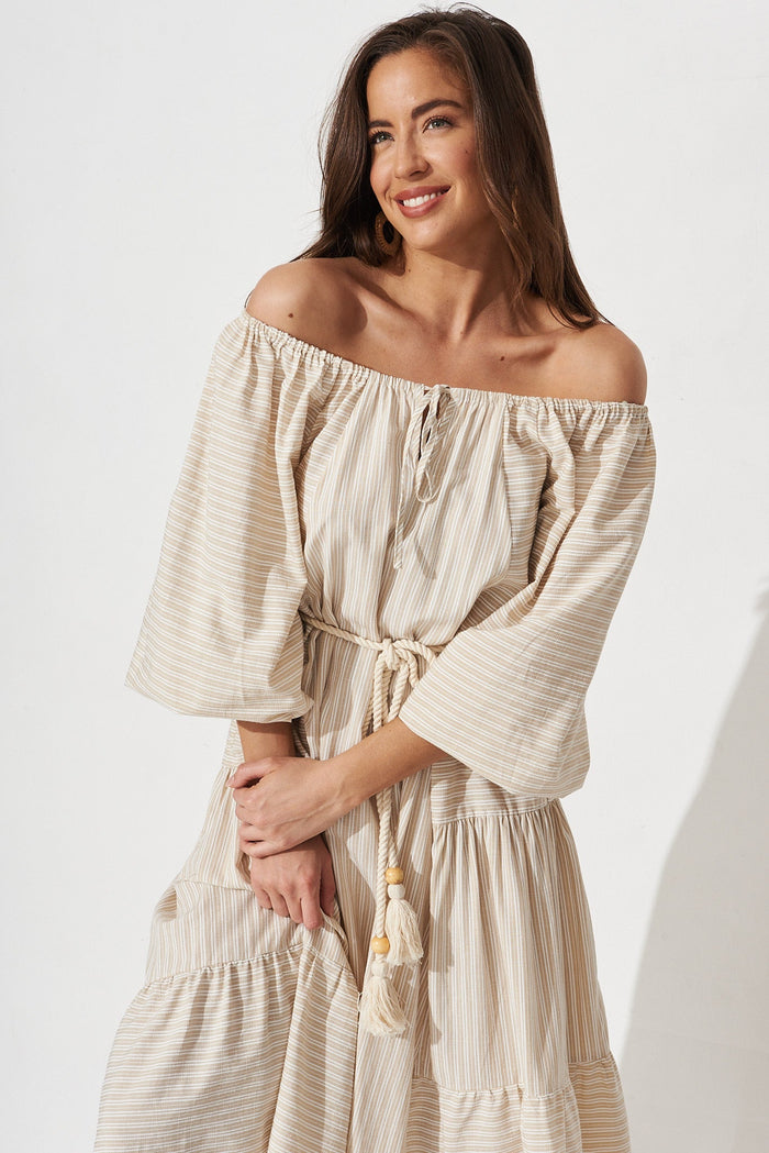 Jordane Midi Dress In Oatmeal With White Stripe - front