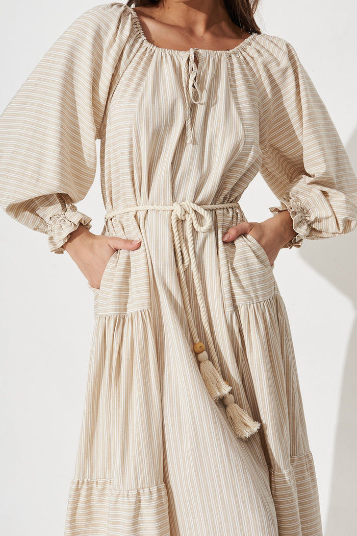 Jordane Midi Dress In Oatmeal With White Stripe - detail