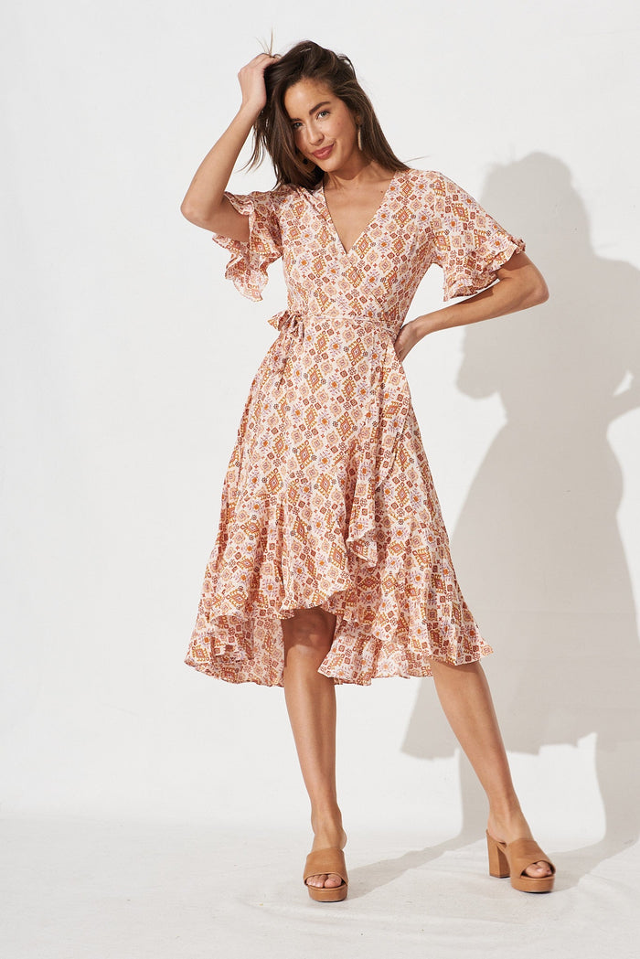 Felicidad Midi Wrap Dress In White With Rust Aztec - full length