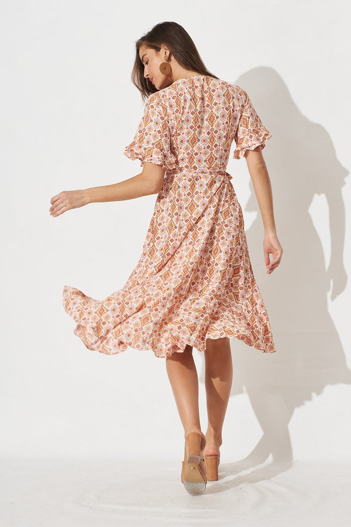 Felicidad Midi Wrap Dress In White With Rust Aztec - back
