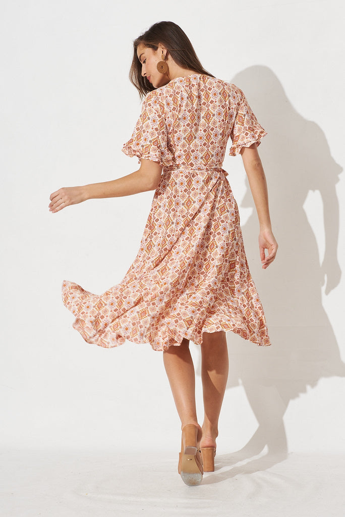 Felicidad Midi Wrap Dress In White With Rust Aztec - back
