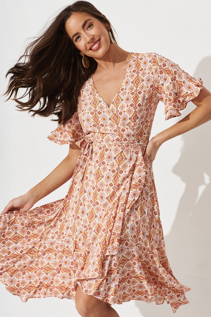 Felicidad Midi Wrap Dress In White With Rust Aztec - front