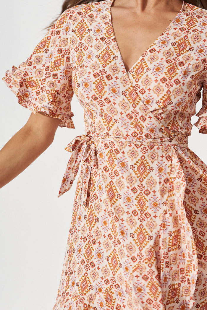 Felicidad Midi Wrap Dress In White With Rust Aztec - detail