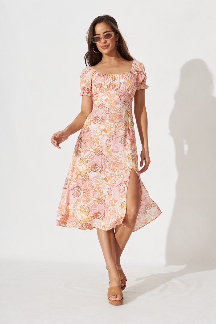 Marisha Midi Dress In Pink With Blush Floral - full length