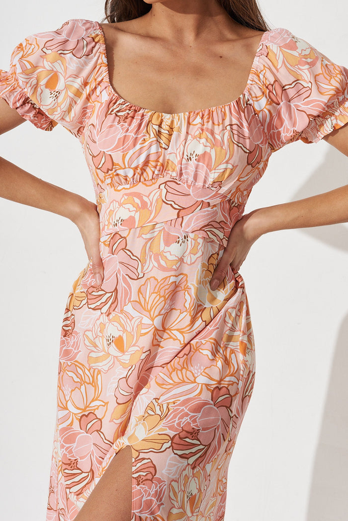 Marisha Midi Dress In Pink With Blush Floral - detail