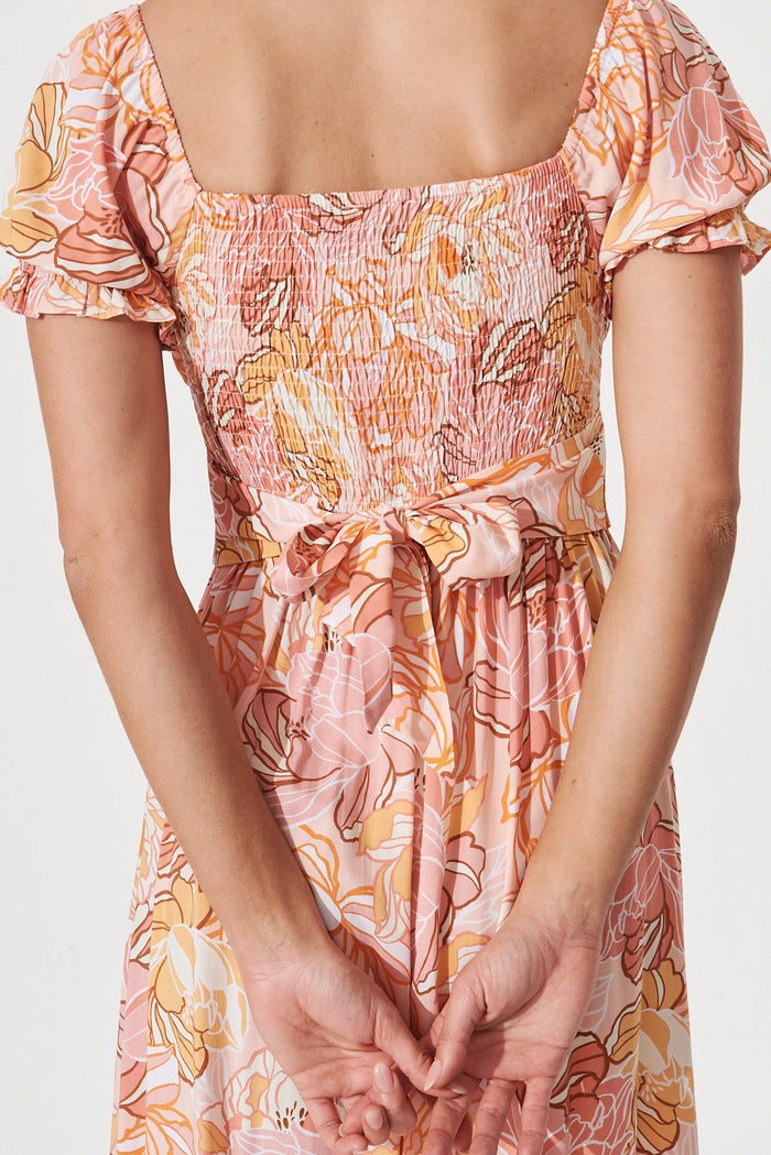 Marisha Midi Dress In Pink With Blush Floral - detail