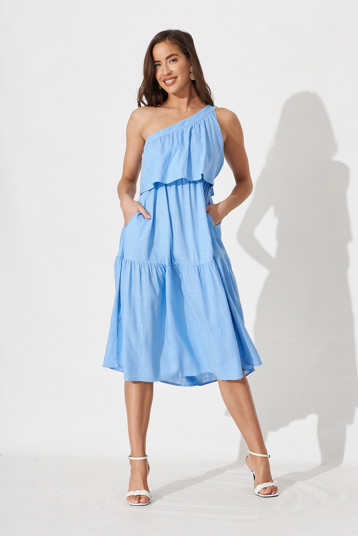 Della Midi Dress In Blue Linen Blend - full length