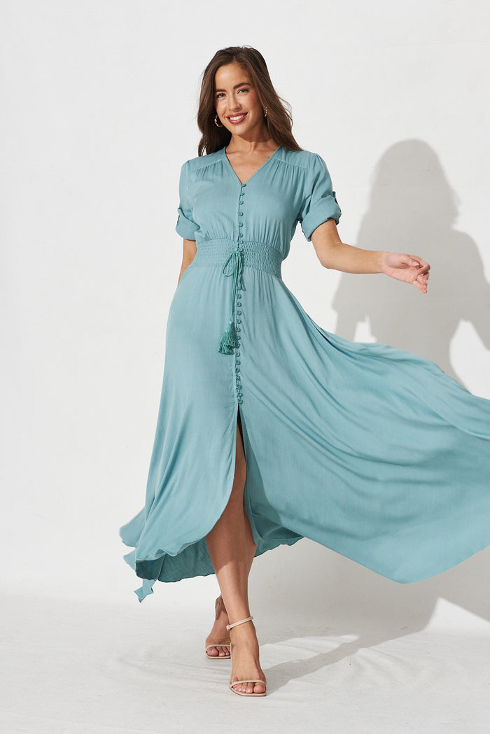 Selena Maxi Dress In Dusty Teal - full length