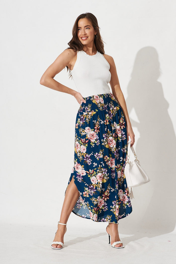 Roadtrip Maxi Skirt In Teal Floral - full length