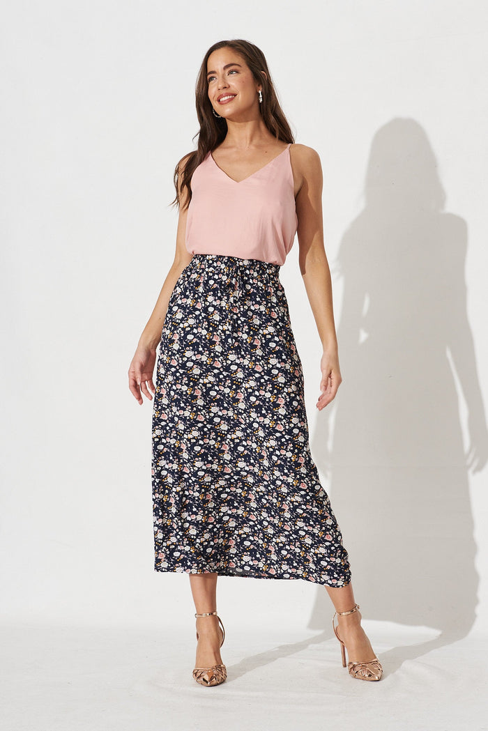 Patsy Skirt In Navy Ditsy Floral - full length