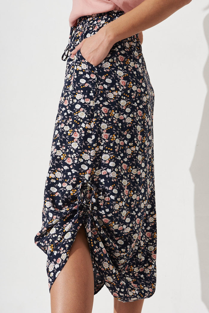 Patsy Skirt In Navy Ditsy Floral - side