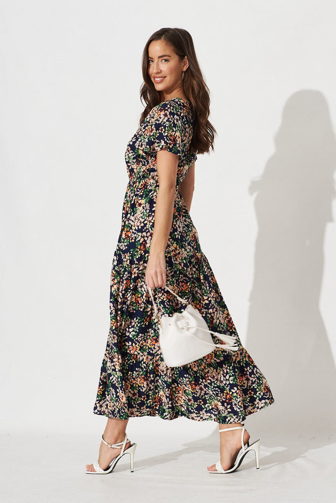 Elxi Maxi Dress In Navy With Beige Floral - side