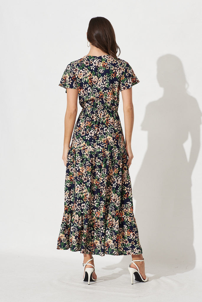 Elxi Maxi Dress In Navy With Beige Floral - back