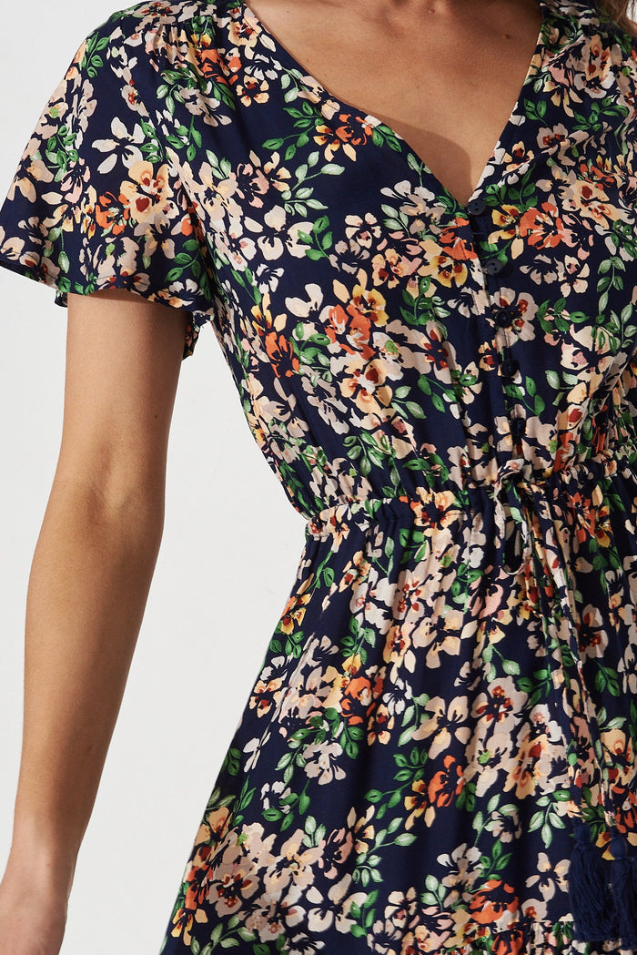Elxi Maxi Dress In Navy With Beige Floral - detail