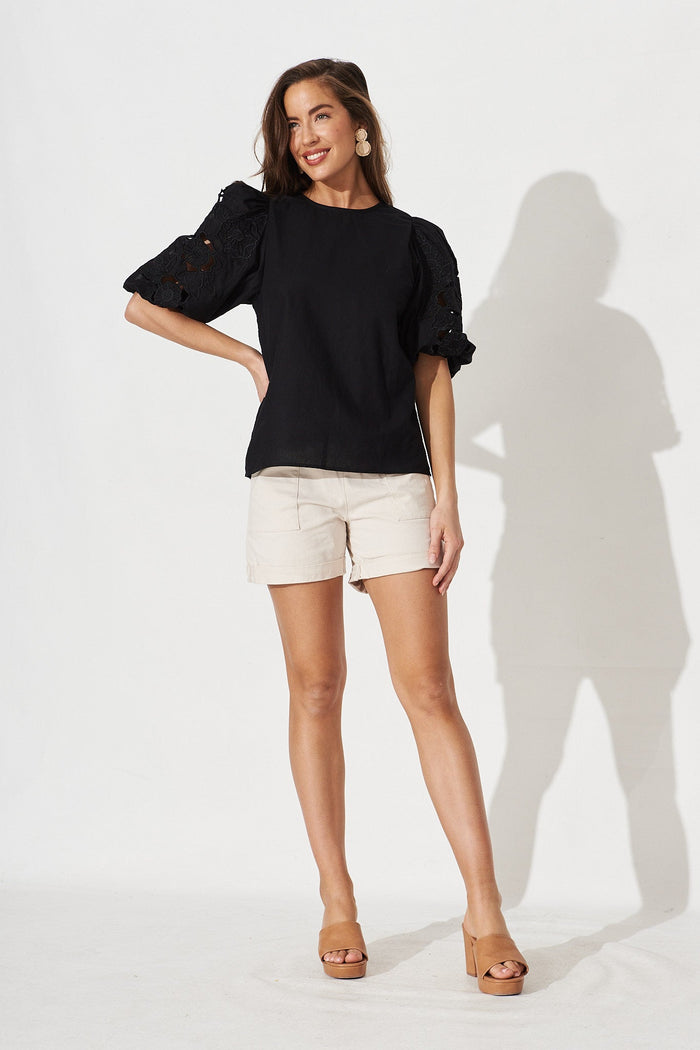 Keina Top In Black Linen Blend - full length
