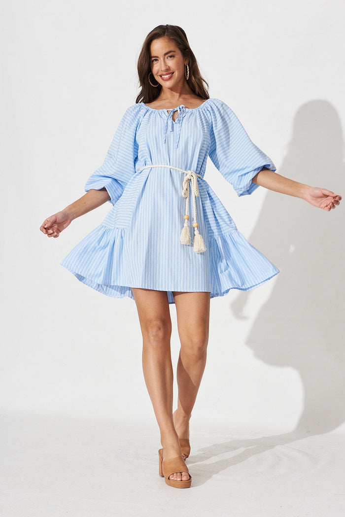 Talina Smock Dress In Blue With White Stripe - full length