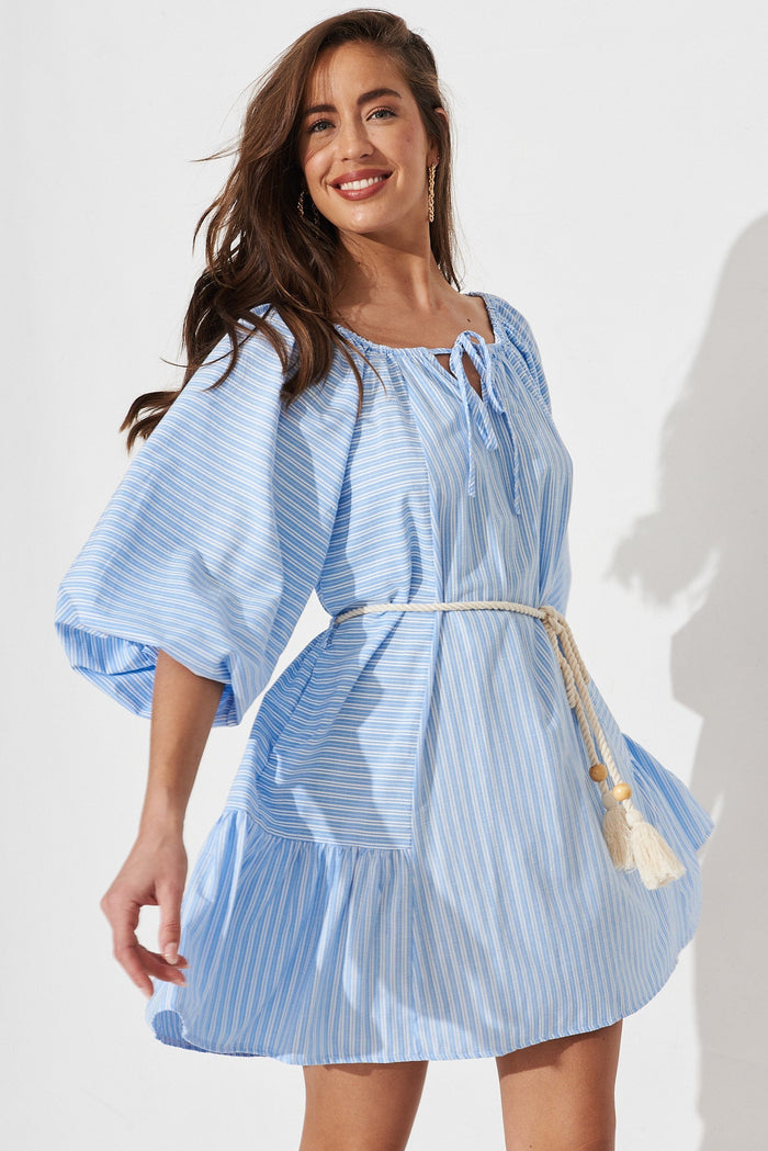 Talina Smock Dress In Blue With White Stripe - front
