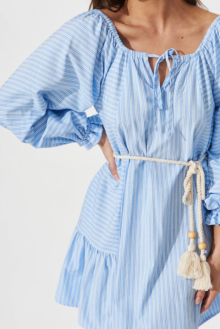 Talina Smock Dress In Blue With White Stripe - detail