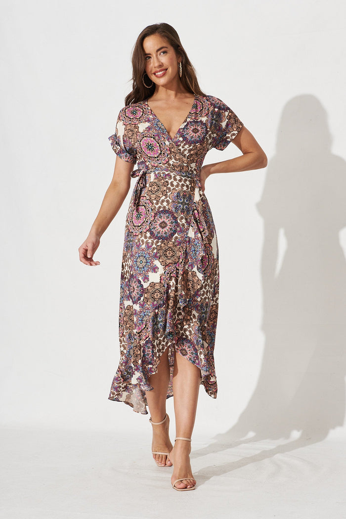 Venetian Streets Wrap Dress In Cream With Purple Paisley - full length