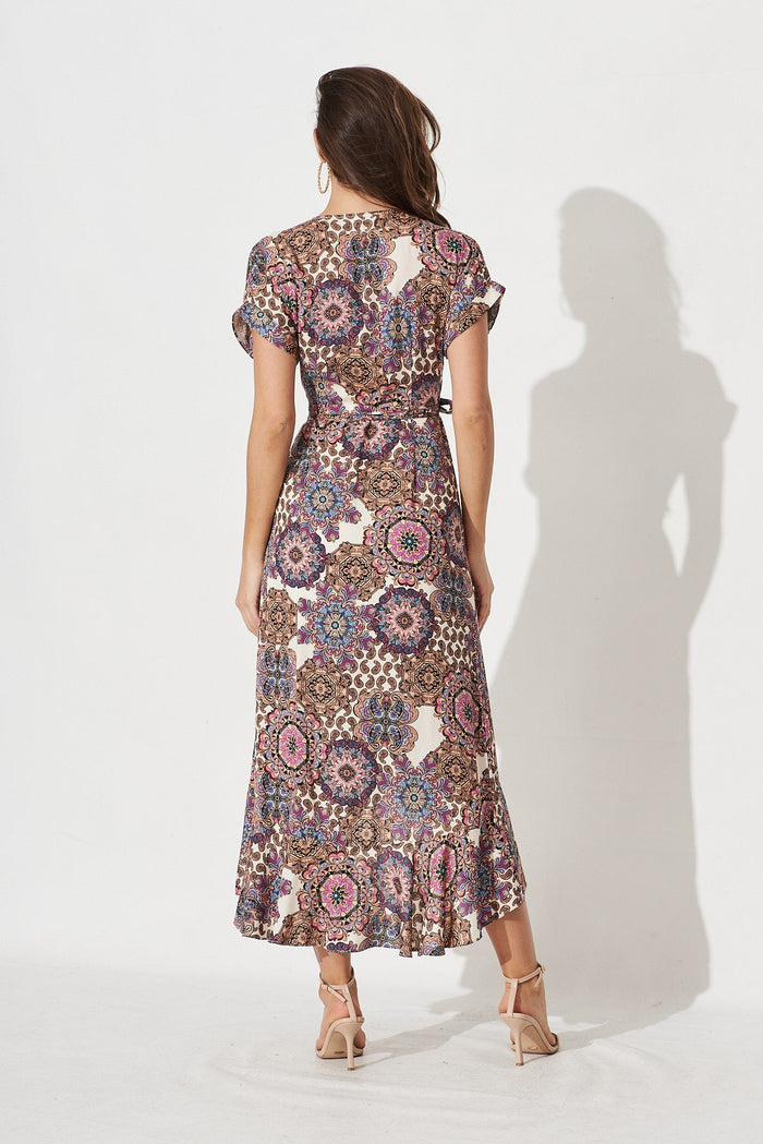 Venetian Streets Wrap Dress In Cream With Purple Paisley - back