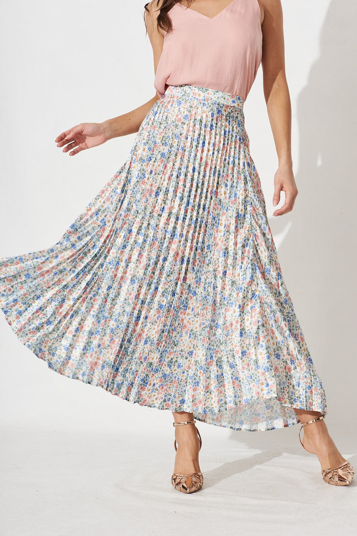 Allie Midi Pleat Skirt In Light Blue With Multi Floral Satin - St Frock (Dev)