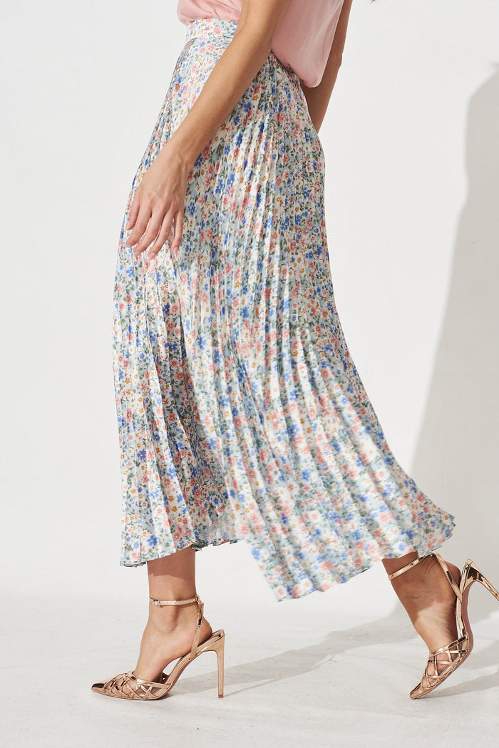 Allie Midi Pleat Skirt In Light Blue With Multi Floral Satin - St Frock (Dev)