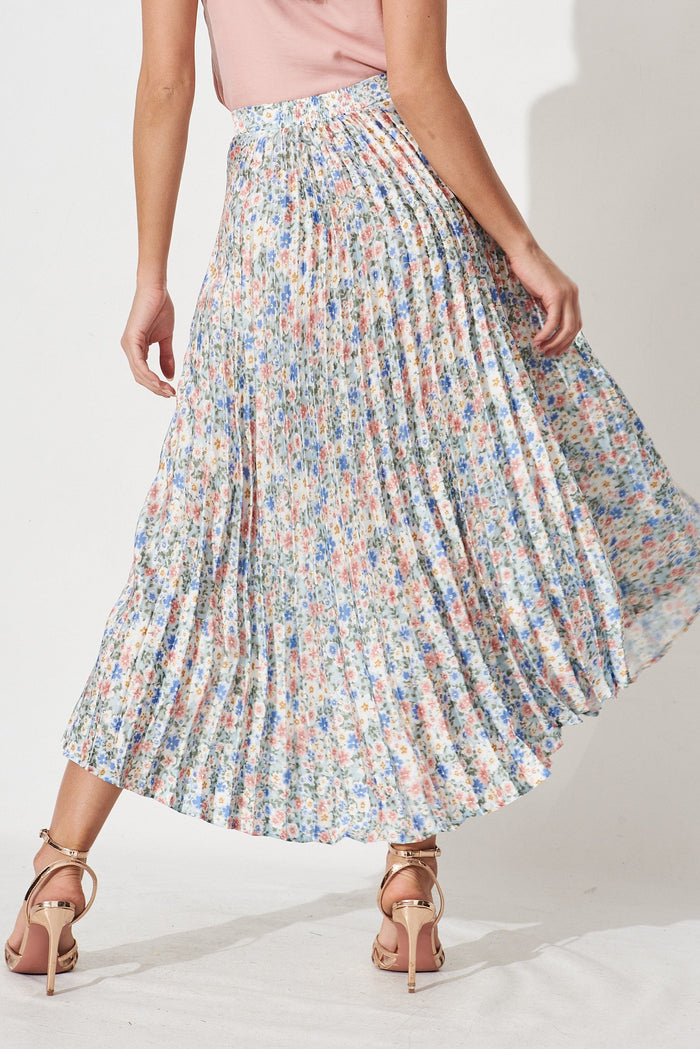 Allie Midi Pleat Skirt In Light Blue With Multi Floral Satin - St Frock (Dev)