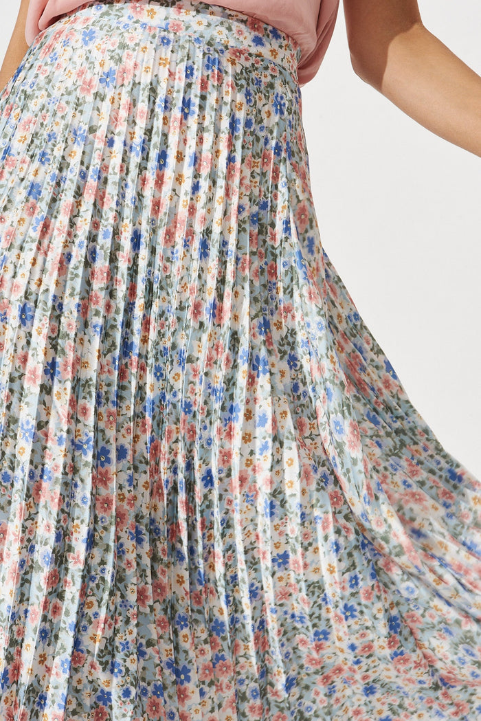 Allie Midi Pleat Skirt In Light Blue With Multi Floral Satin - St Frock (Dev)