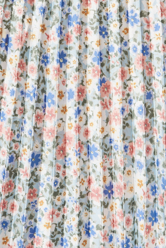 Allie Midi Pleat Skirt In Light Blue With Multi Floral Satin - St Frock (Dev)