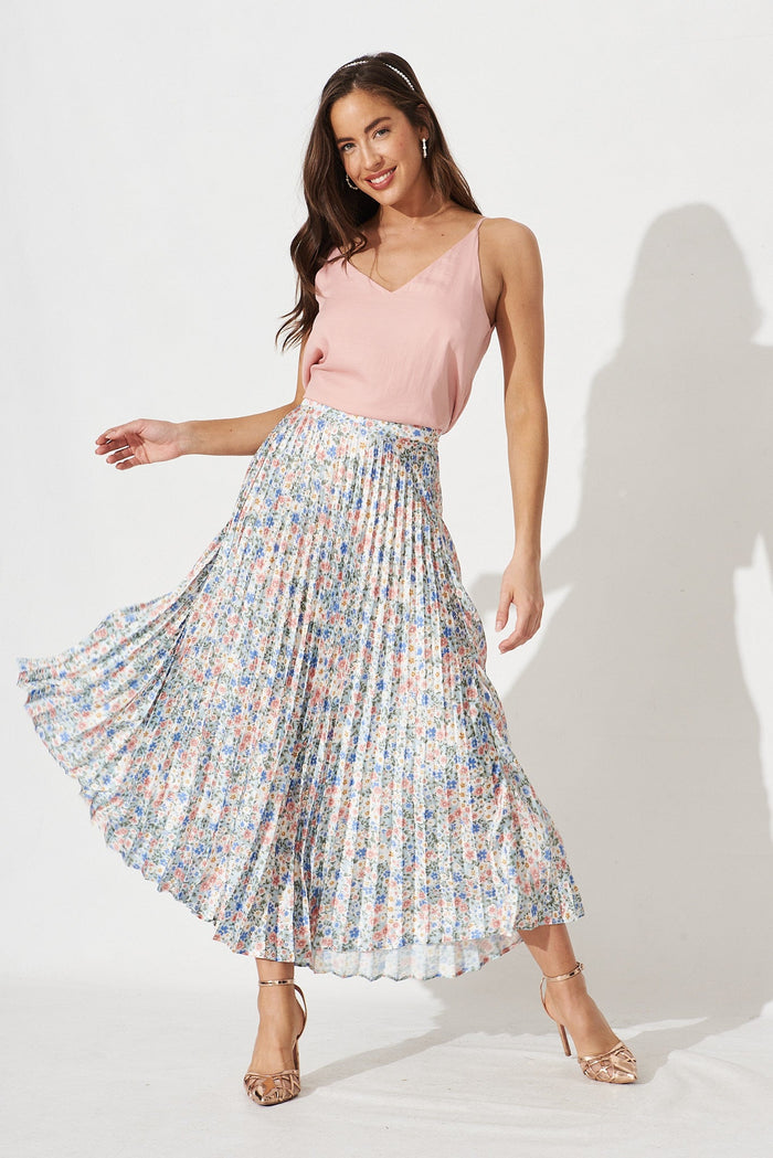 Allie Midi Pleat Skirt In Light Blue With Multi Floral Satin - St Frock (Dev)