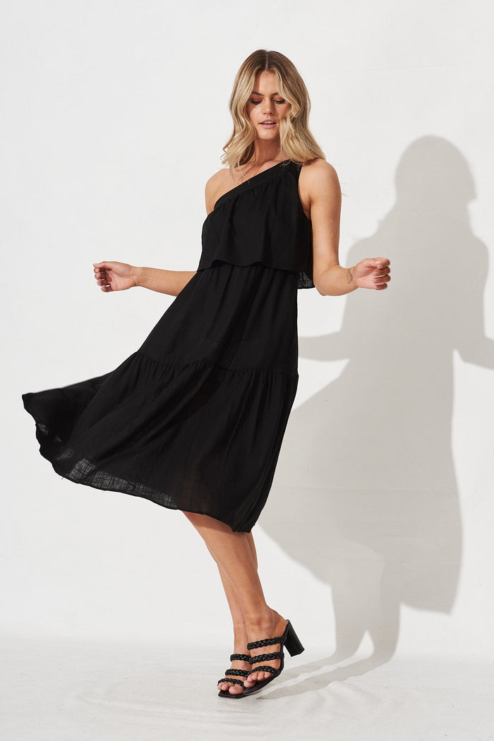 Della Midi Dress In Black Linen Blend - Full Length